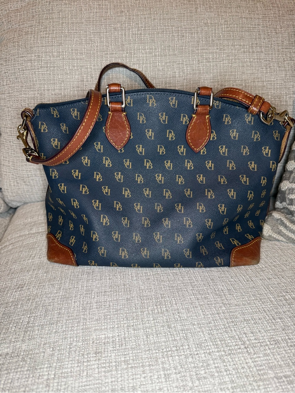 Dooney & Bourke Navy and Brown Signature Gretta Satchel with Leather Trim - Picture 2 of 14